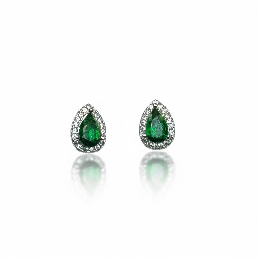 Sterling Silver Green & White CZ Tear Drop Stud Earrings
