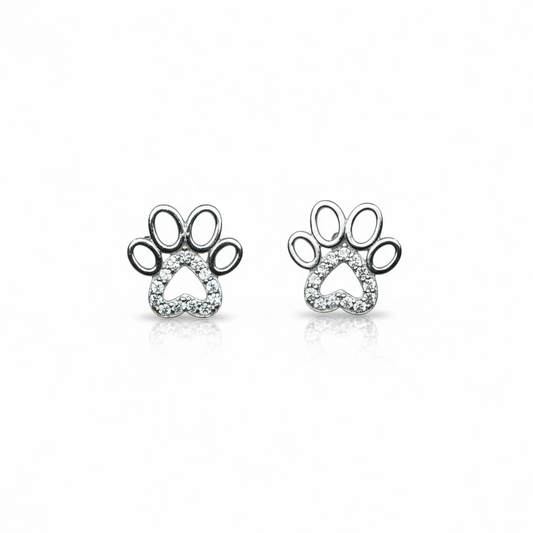 Sterling Silver Paw Shape Studs With CZ Stones