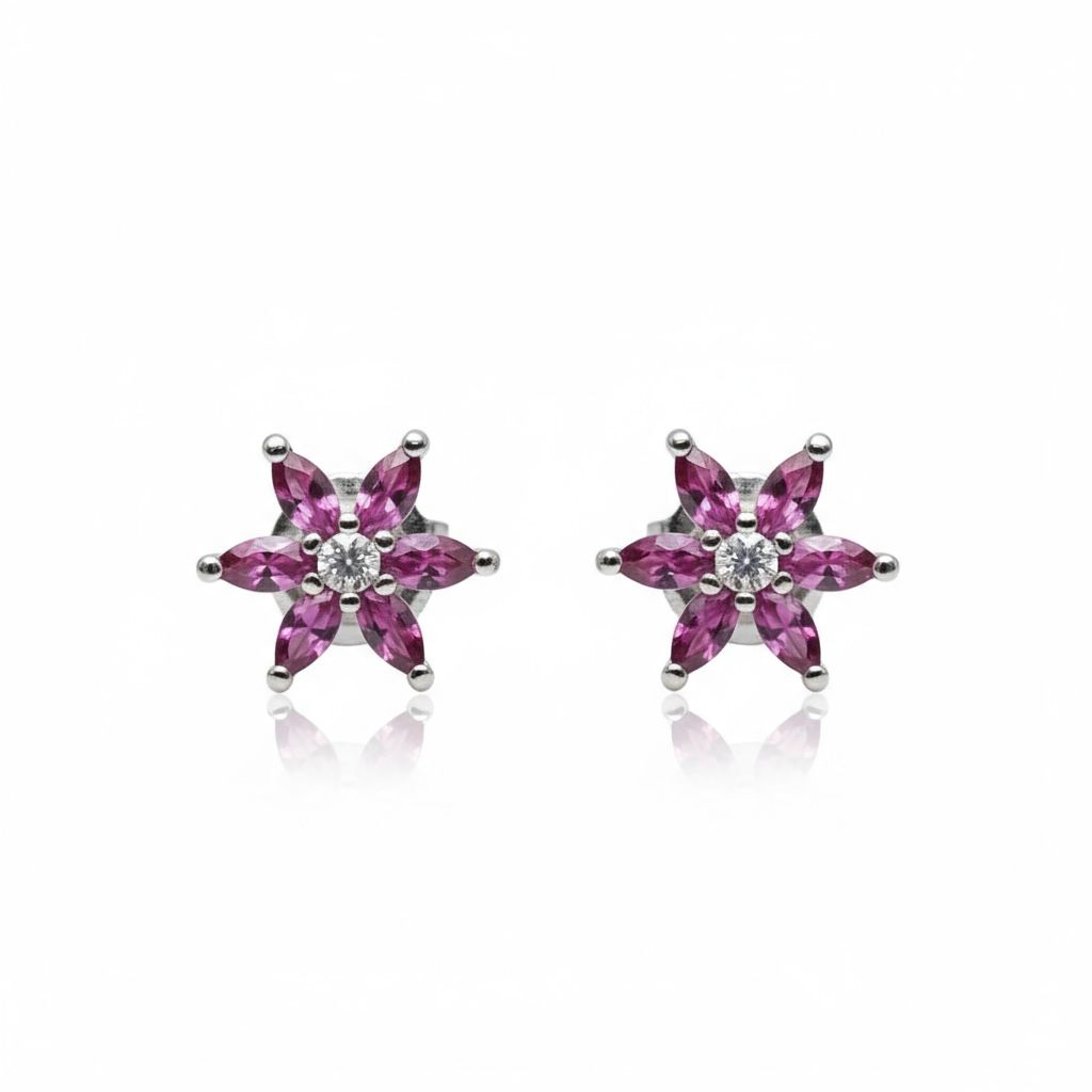 Sterling Silver Pink CZ Flower Design Studs
