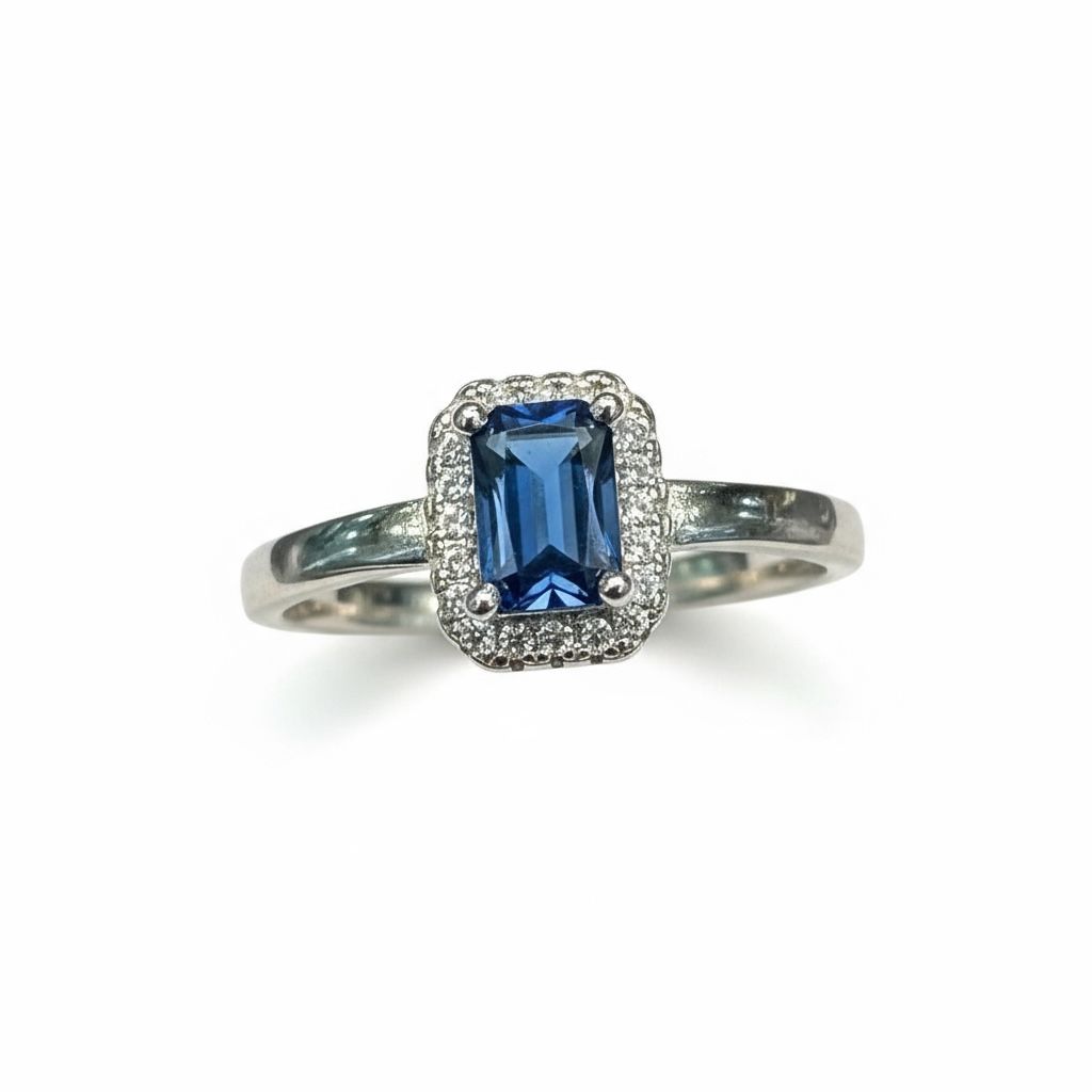 Sterling Silver Rectangle Blue & White CZ Ring