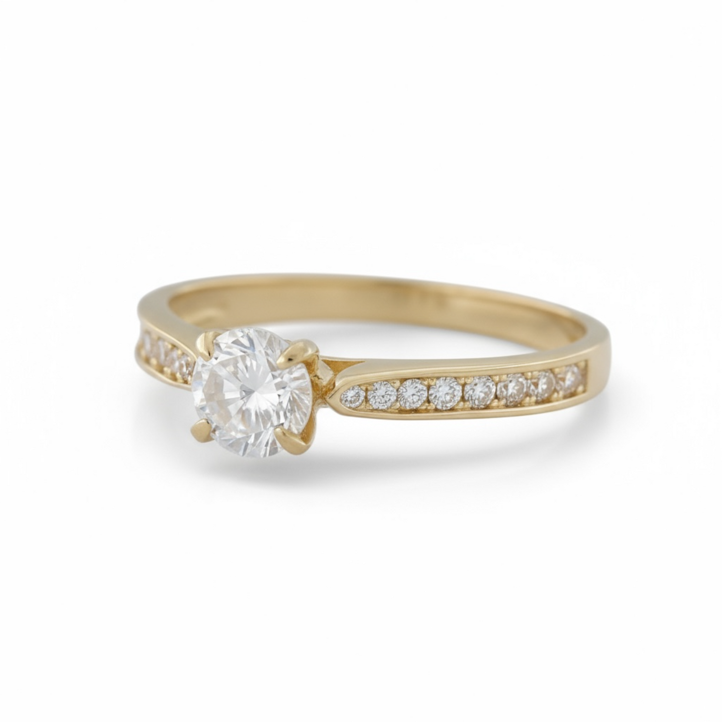 9ct Gold CZ Solitaire Ring With CZ Chanel Set Stones On Band