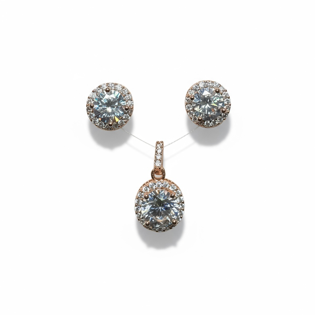Sterling Silver Rose Gold Plated Round CZ Pendant & Earring Set