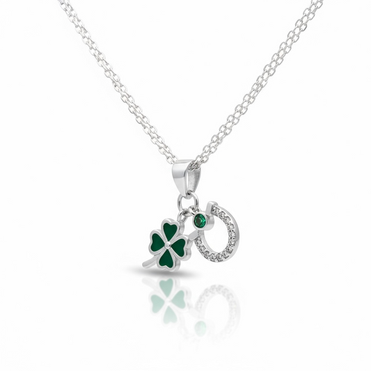Sterling Silver Horse Shoe & Clover CZ Pendant & Chain